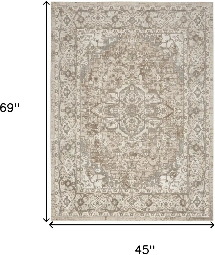 Beige and Ivory Medallion Power Loom Distressed Area Rug Photo 3