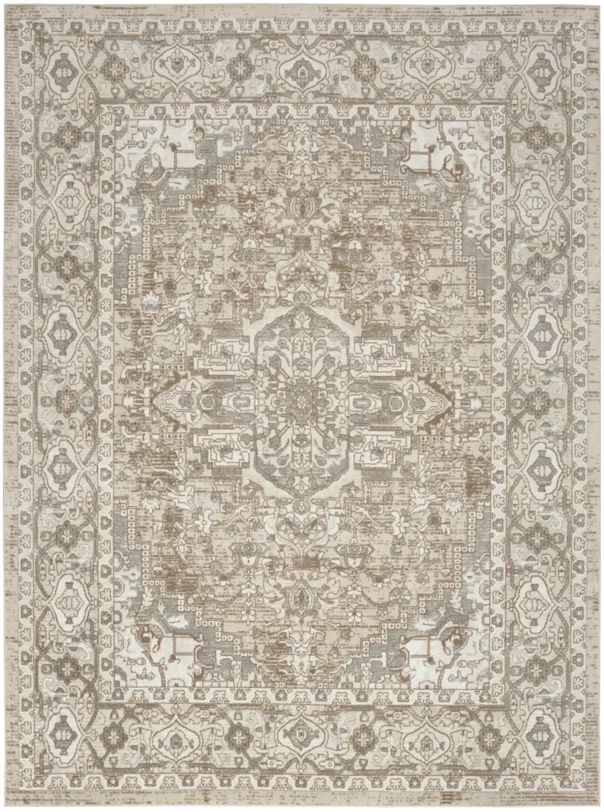 Beige and Ivory Medallion Power Loom Distressed Area Rug Photo 9
