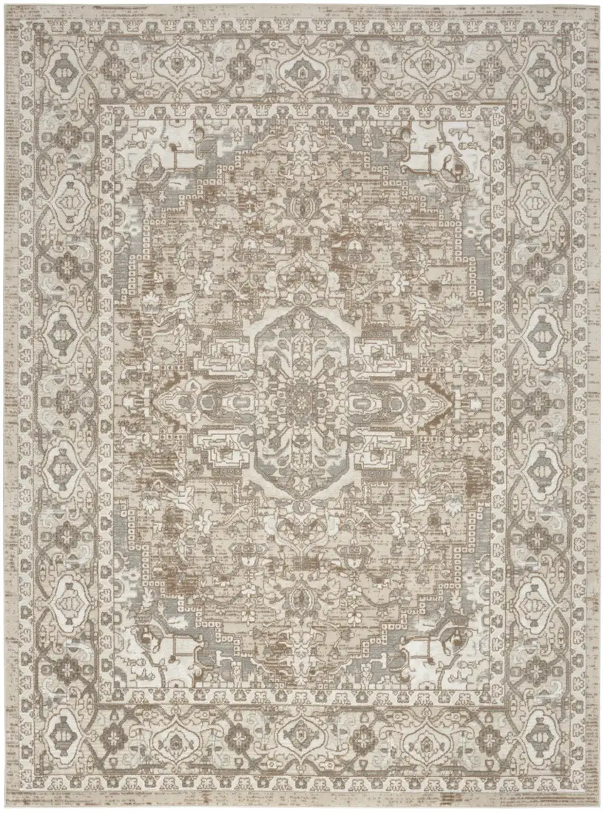 Beige and Ivory Medallion Power Loom Distressed Area Rug Photo 2