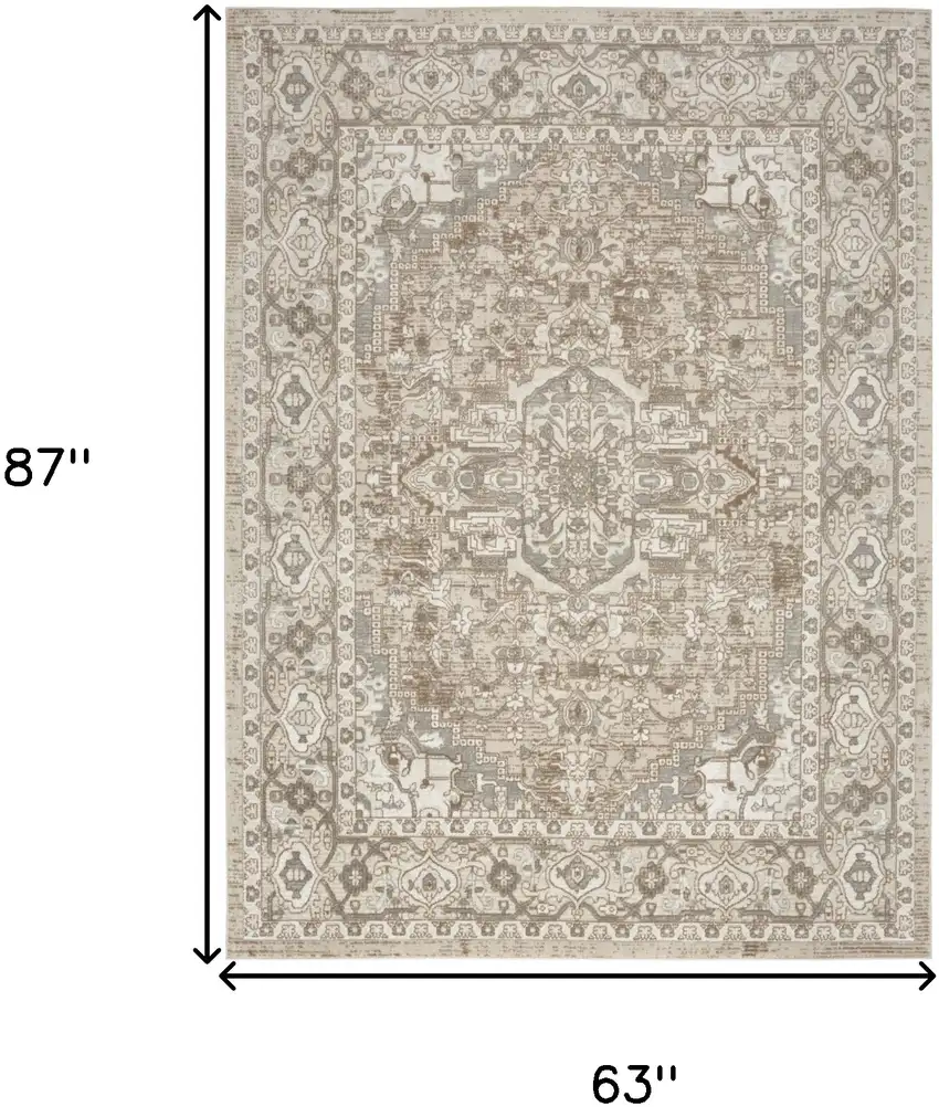 Beige and Ivory Medallion Power Loom Distressed Area Rug Photo 3