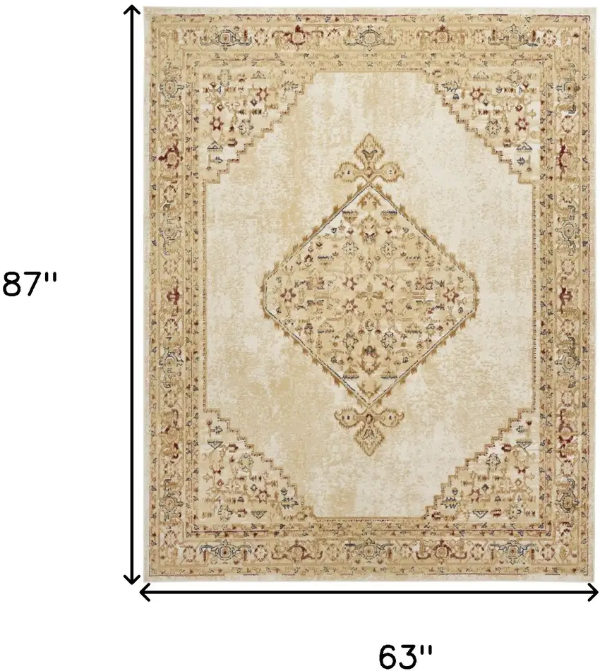 Beige and Ivory Medallion Power Loom Distressed Area Rug Photo 3