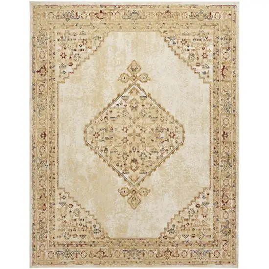 Beige and Ivory Medallion Power Loom Distressed Area Rug Photo 5