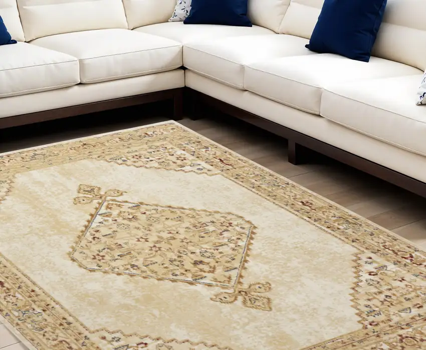 Beige and Ivory Medallion Power Loom Distressed Area Rug Photo 1
