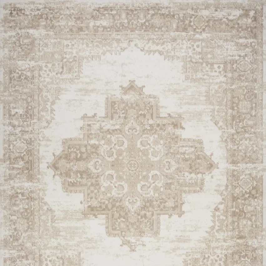 Beige and Ivory Medallion Power Loom Distressed Area Rug Photo 6