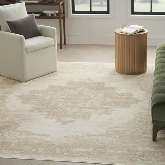 Beige and Ivory Medallion Power Loom Distressed Area Rug Photo 5