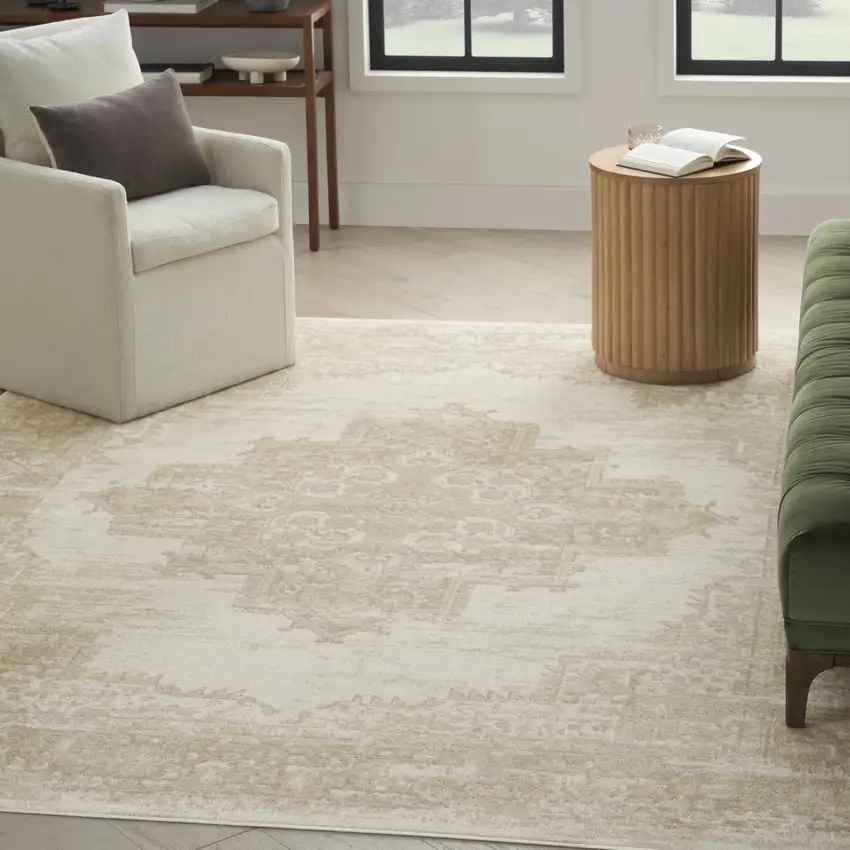 Beige and Ivory Medallion Power Loom Distressed Area Rug Photo 5