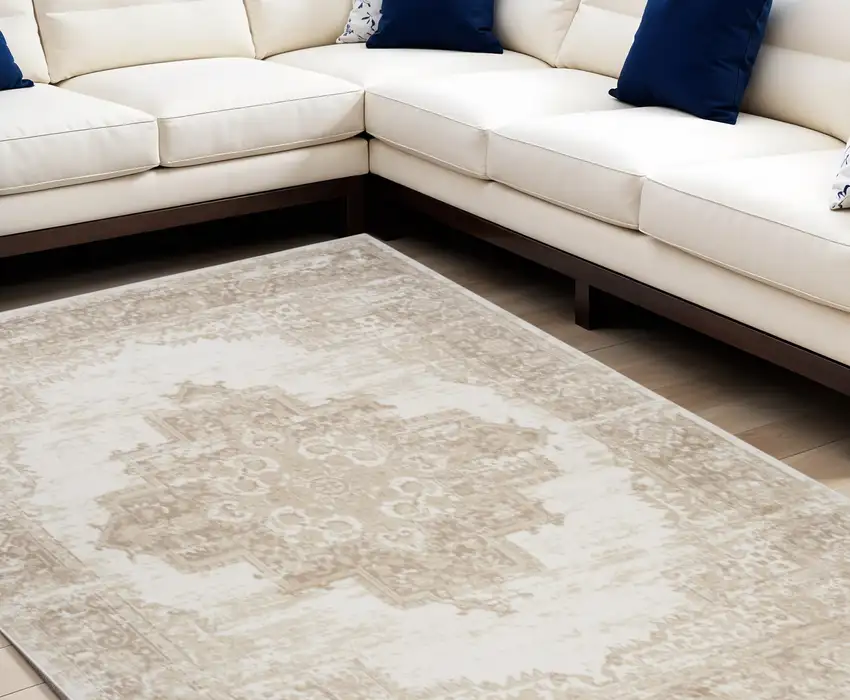 Beige and Ivory Medallion Power Loom Distressed Area Rug Photo 1