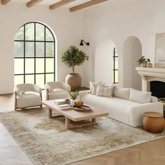 Beige and Ivory Medallion Power Loom Distressed Area Rug Photo 3