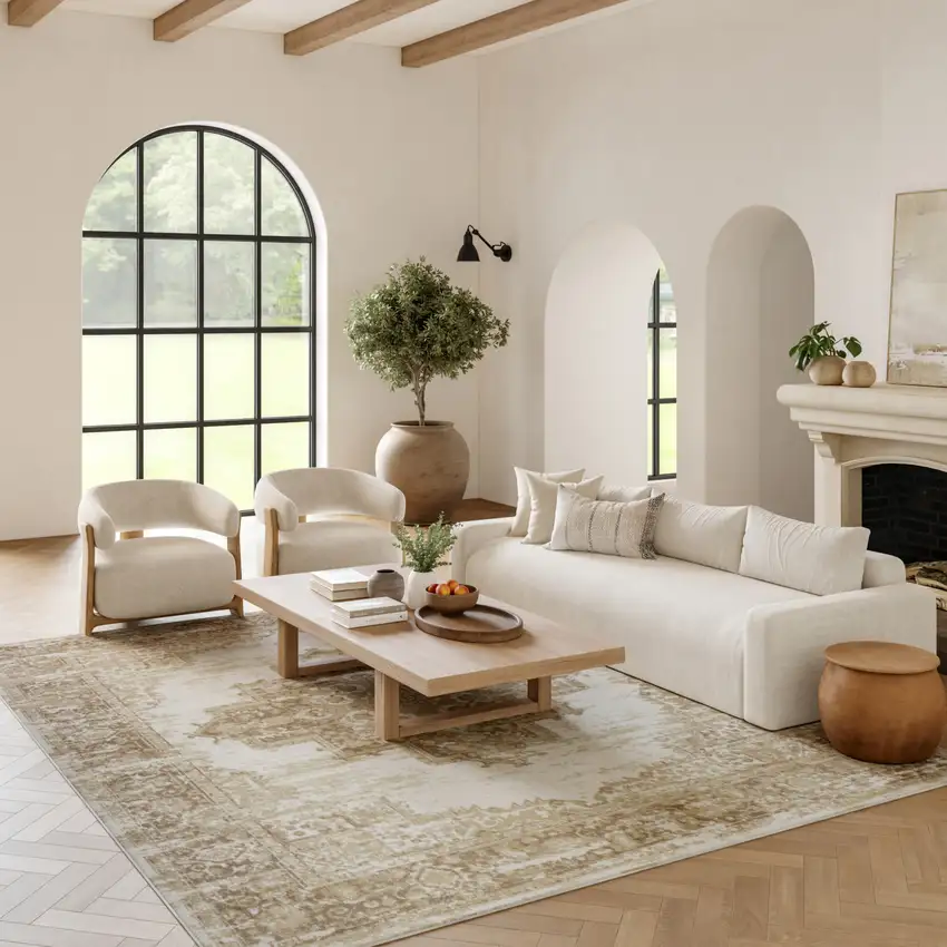 Beige and Ivory Medallion Power Loom Distressed Area Rug Photo 3