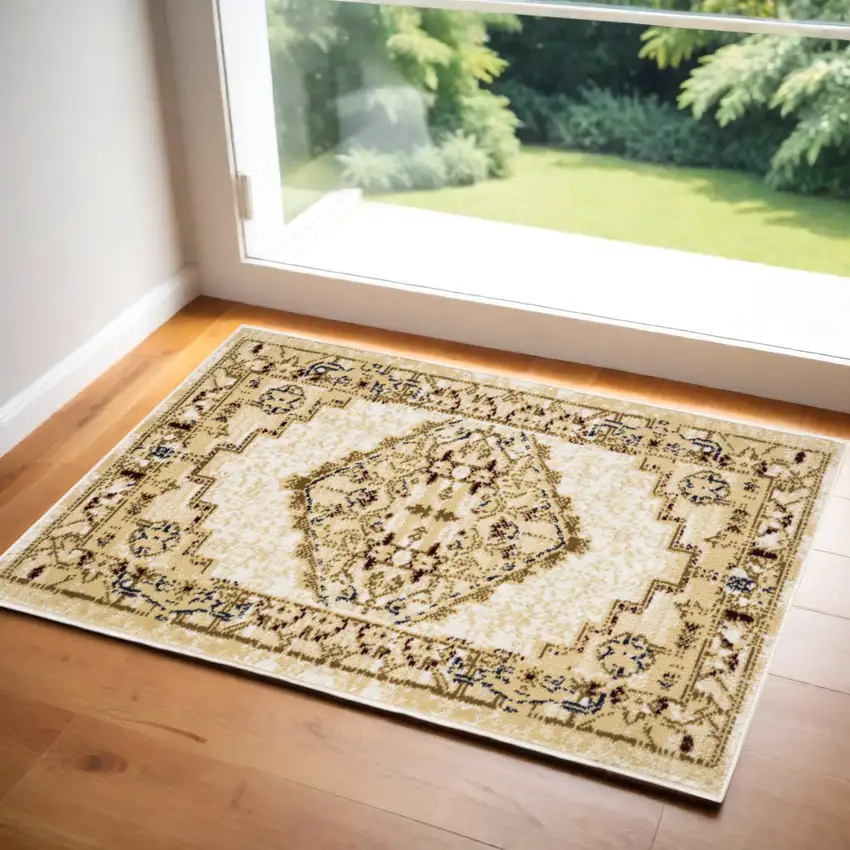 Beige and Ivory Medallion Power Loom Distressed Area Rug Photo 1