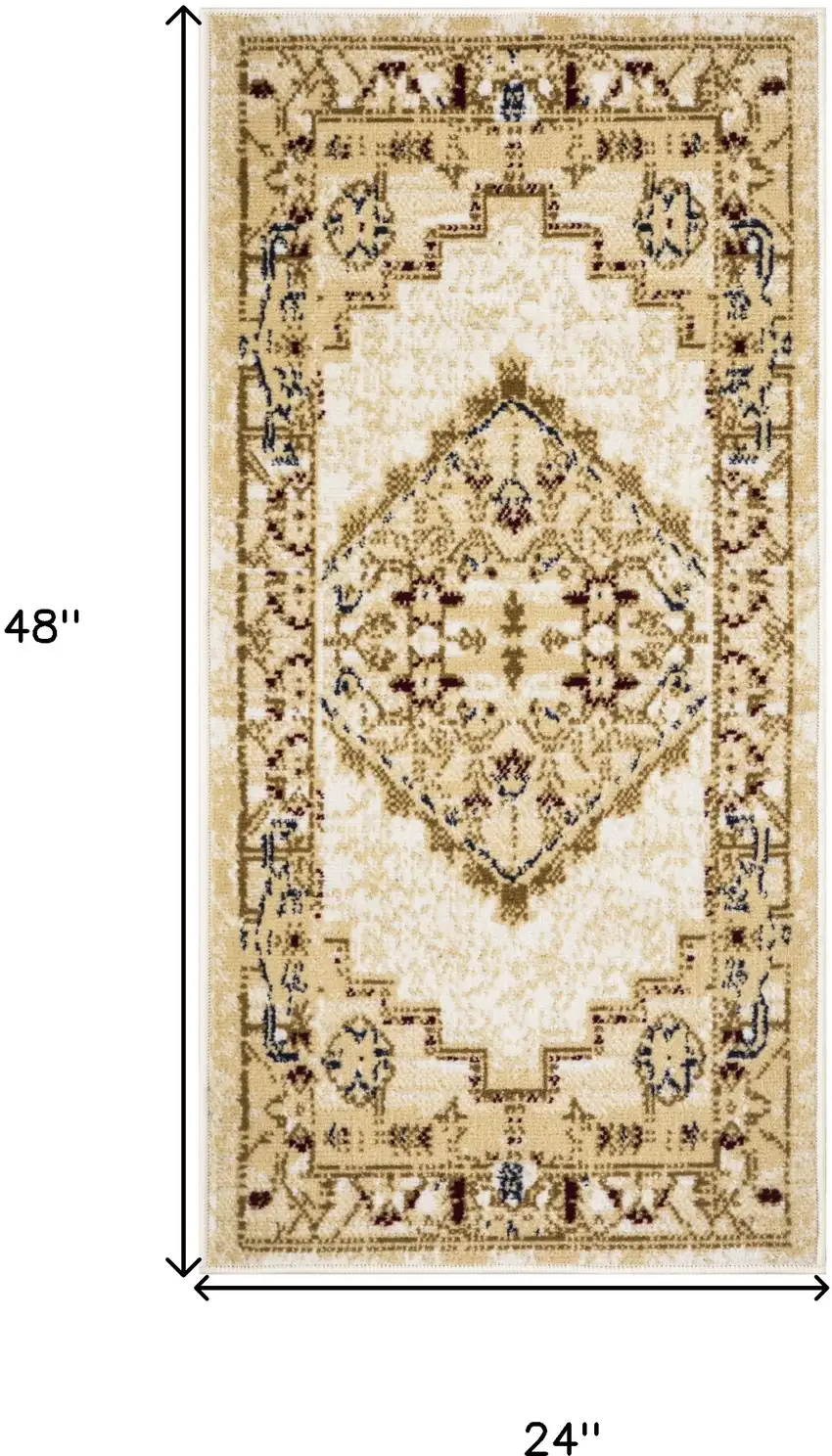 Beige and Ivory Medallion Power Loom Distressed Area Rug Photo 3