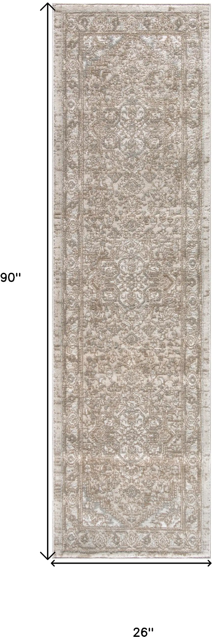 Beige and Ivory Medallion Power Loom Distressed Runner Rug Photo 3