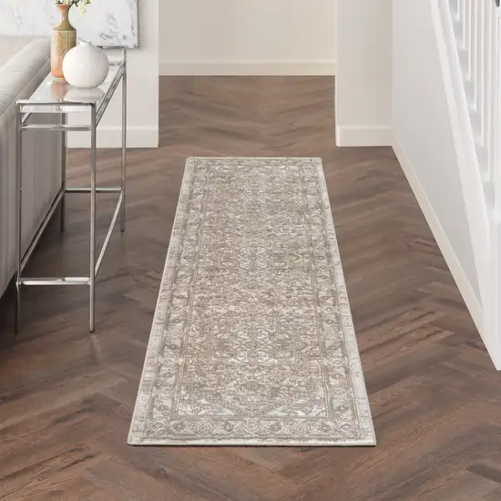Beige and Ivory Medallion Power Loom Distressed Runner Rug Photo 8