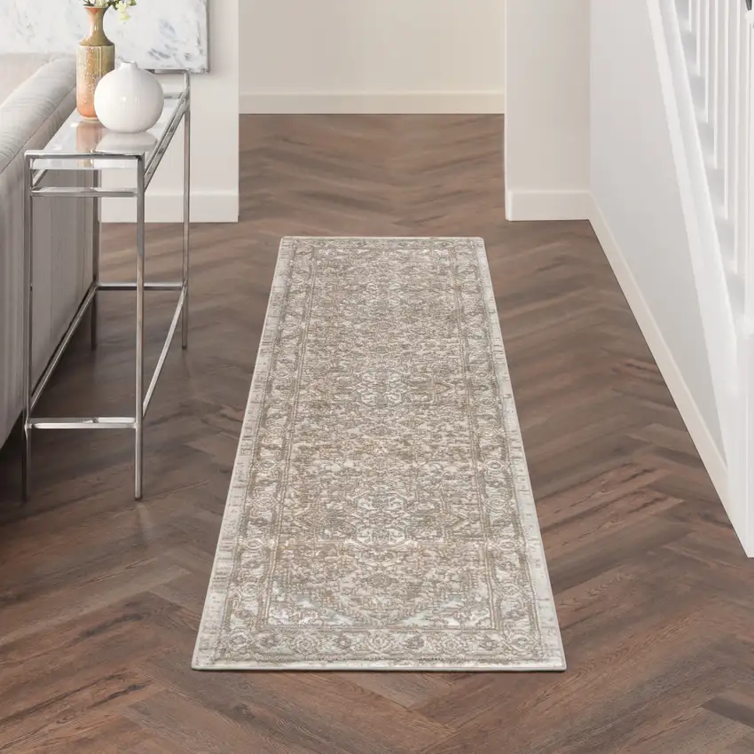 Beige and Ivory Medallion Power Loom Distressed Runner Rug Photo 8