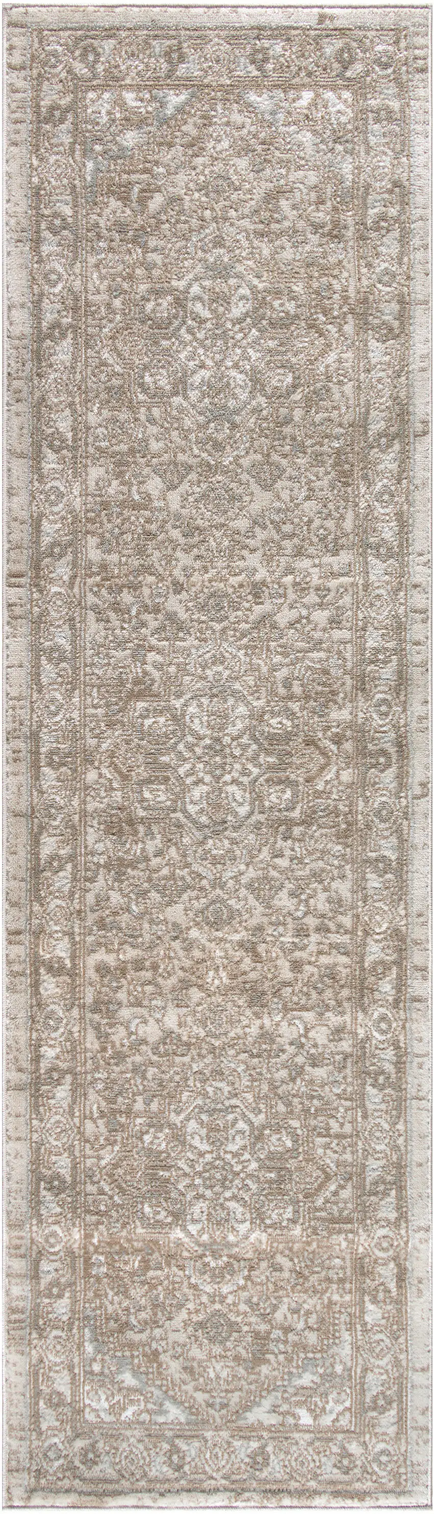 Beige and Ivory Medallion Power Loom Distressed Runner Rug Photo 2