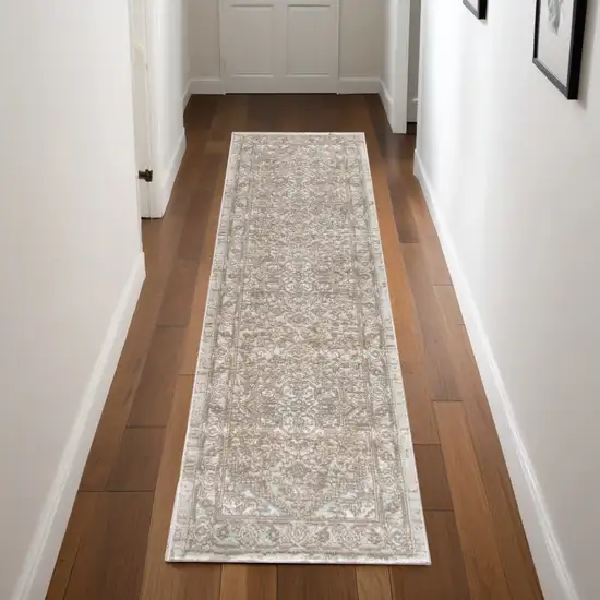 Beige and Ivory Medallion Power Loom Distressed Runner Rug Photo 1