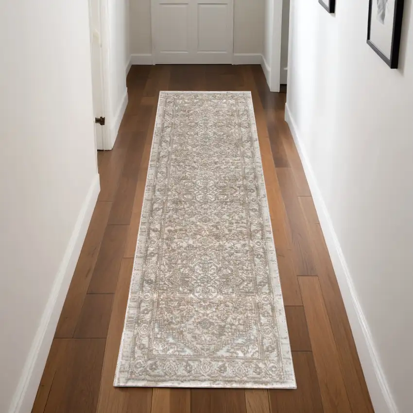 Beige and Ivory Medallion Power Loom Distressed Runner Rug Photo 1
