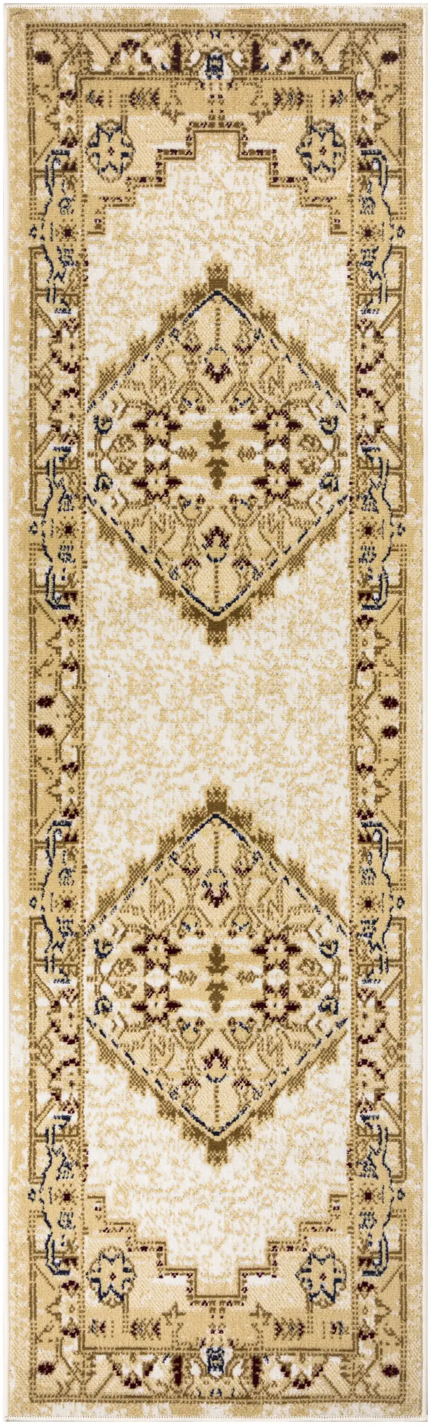 Beige and Ivory Medallion Power Loom Distressed Runner Rug Photo 2