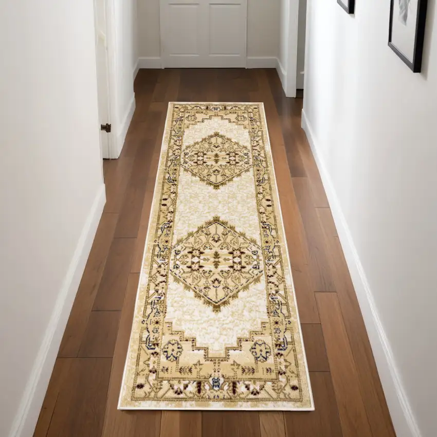 Beige and Ivory Medallion Power Loom Distressed Runner Rug Photo 1