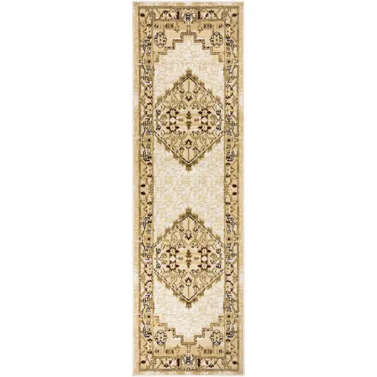 8' Beige And Ivory Medallion Distressed Runner Rug Photo 6