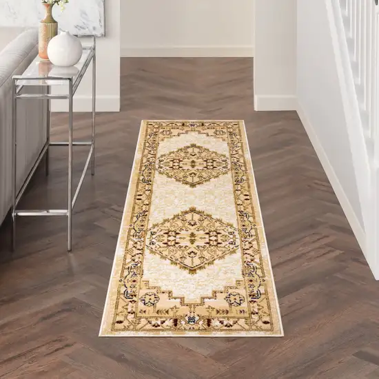 8' Beige And Ivory Medallion Distressed Runner Rug Photo 4