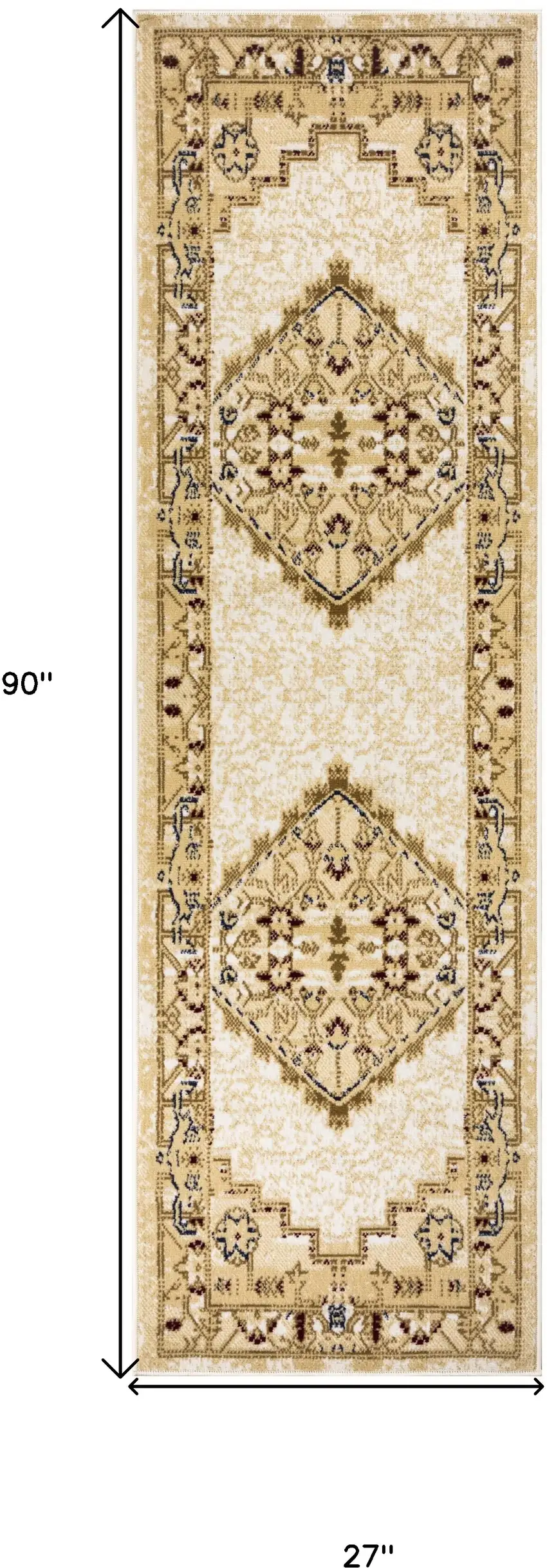 Beige and Ivory Medallion Power Loom Distressed Runner Rug Photo 3