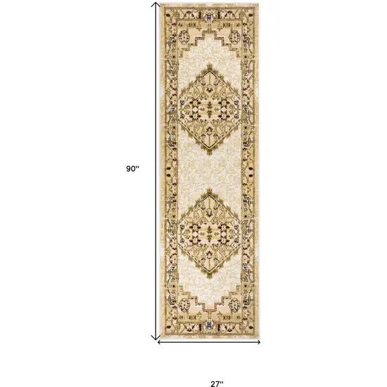 Beige and Ivory Medallion Power Loom Distressed Runner Rug Photo 3
