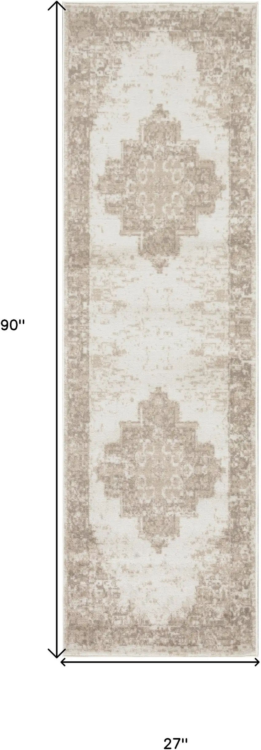 Beige and Ivory Medallion Power Loom Distressed Runner Rug Photo 3
