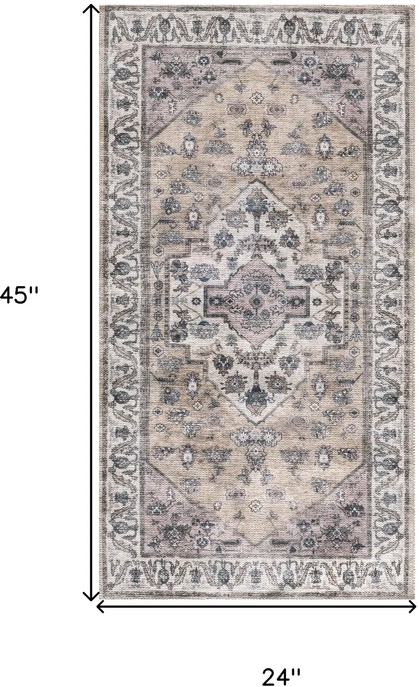 Beige and Ivory Medallion Power Loom Distressed Washable Non Skid Area Rug Photo 3