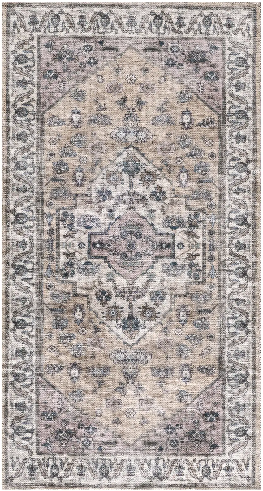 Beige and Ivory Medallion Power Loom Distressed Washable Non Skid Area Rug Photo 2