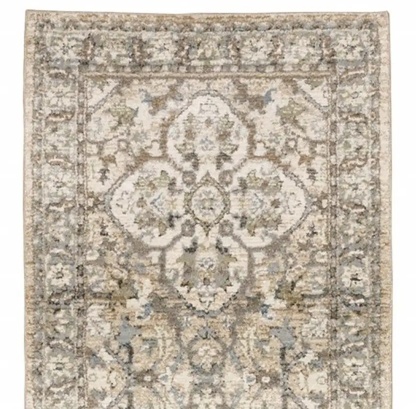 Beige and Ivory Medallion Runner Rug Photo 5