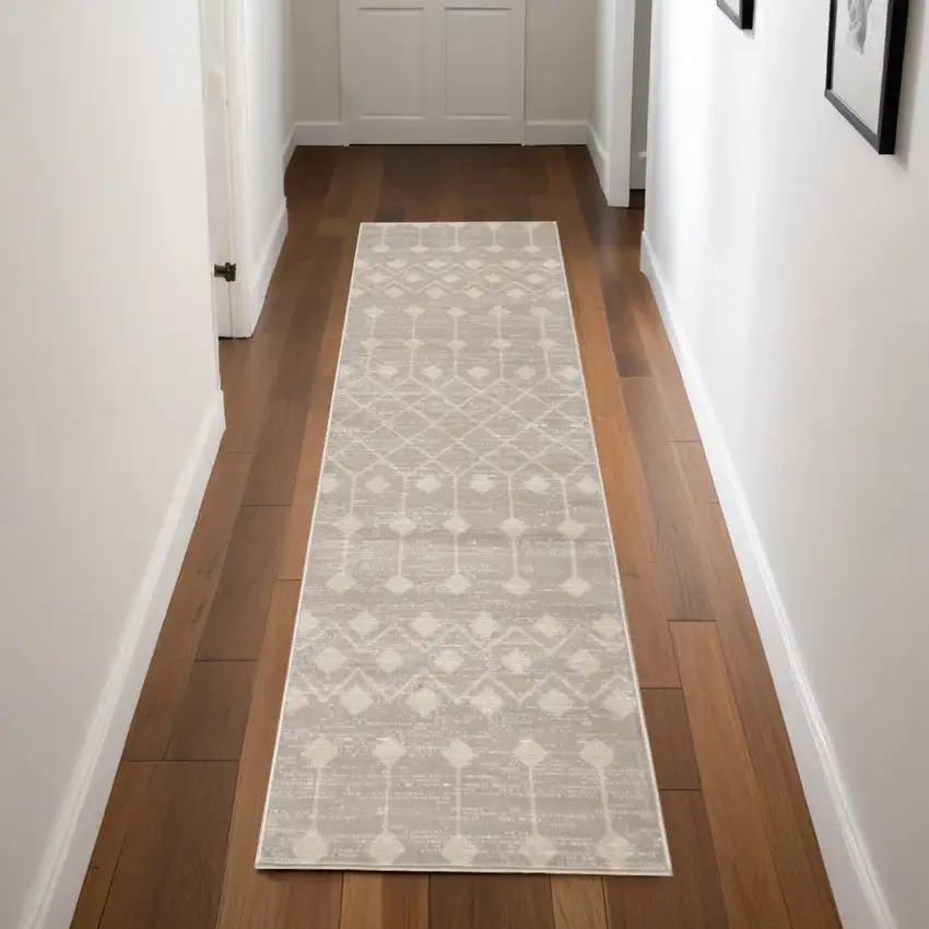 Beige and Ivory Moroccan Power Loom Runner Rug Photo 1