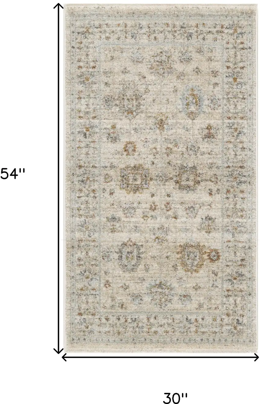 Beige and Ivory Oriental Power Loom Distressed Area Rug With Fringe Photo 3