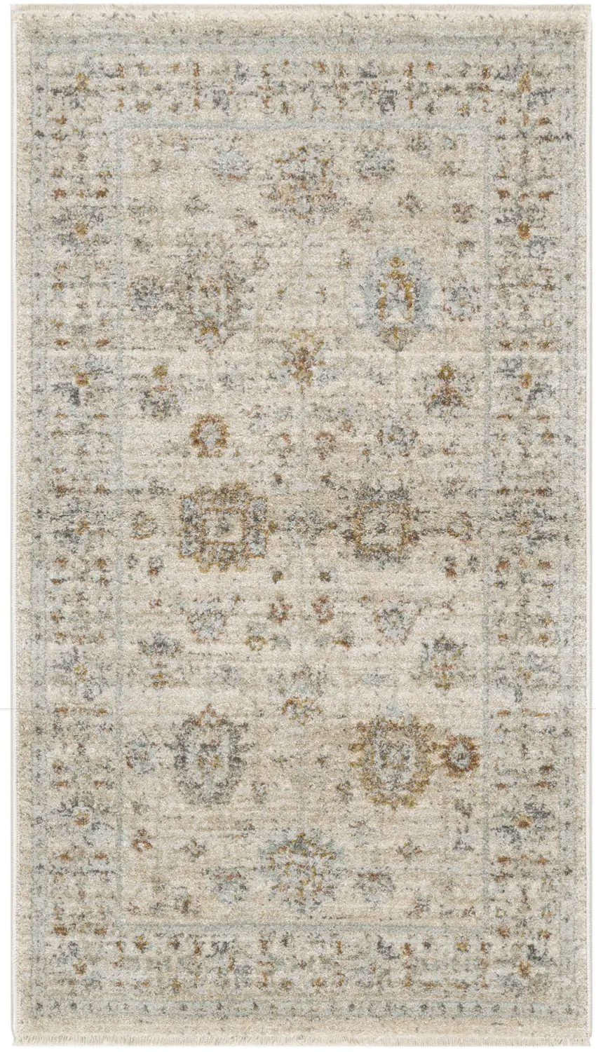 Beige and Ivory Oriental Power Loom Distressed Area Rug With Fringe Photo 7