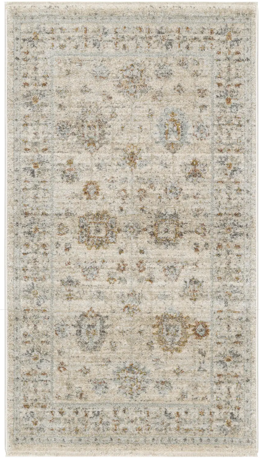 Beige and Ivory Oriental Power Loom Distressed Area Rug With Fringe Photo 2