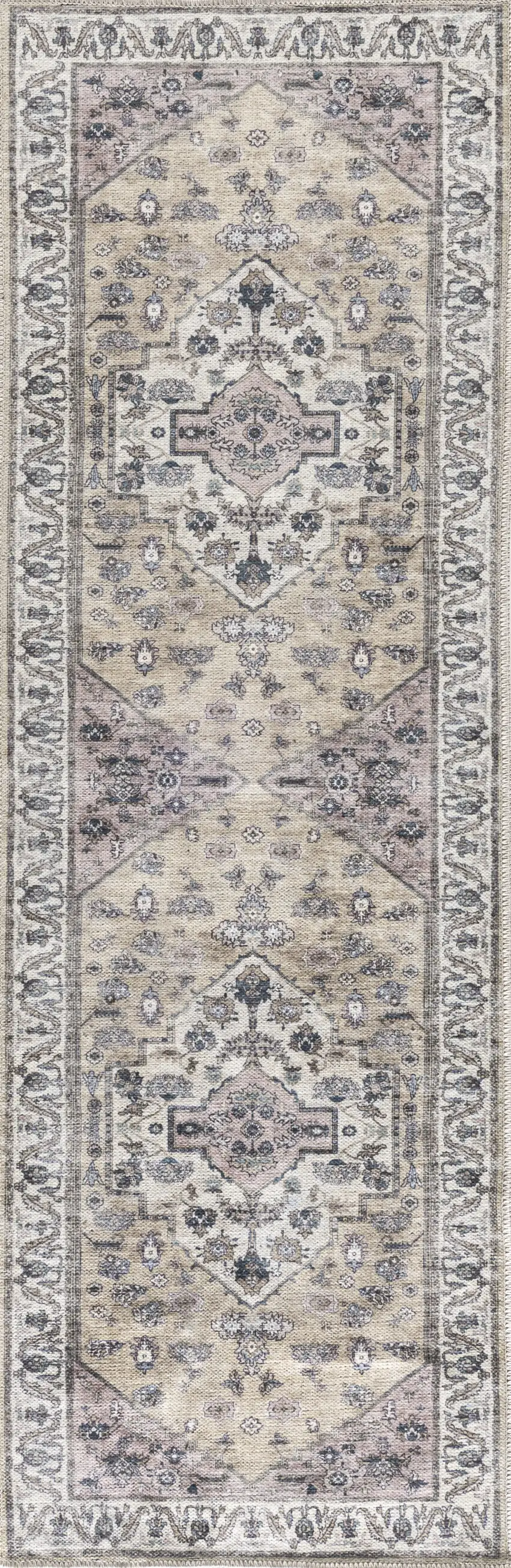 Beige and Ivory Oriental Power Loom Distressed Washable Non Skid Runner Rug Photo 2