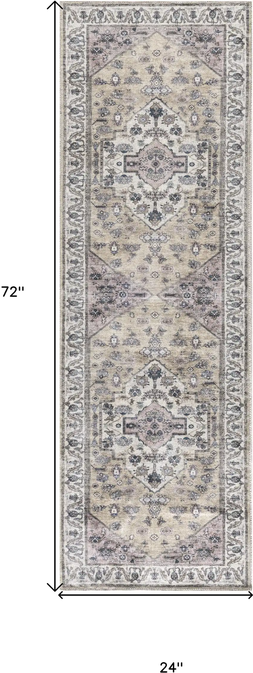Beige and Ivory Oriental Power Loom Distressed Washable Non Skid Runner Rug Photo 3