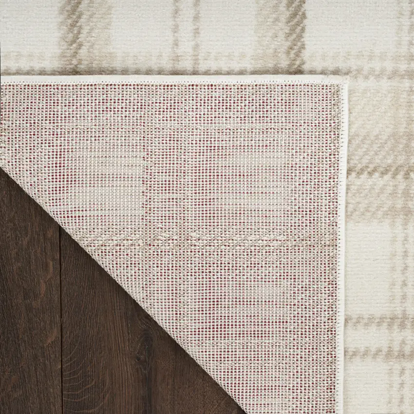 Beige and Ivory Plaid Power Loom Area Rug Photo 7