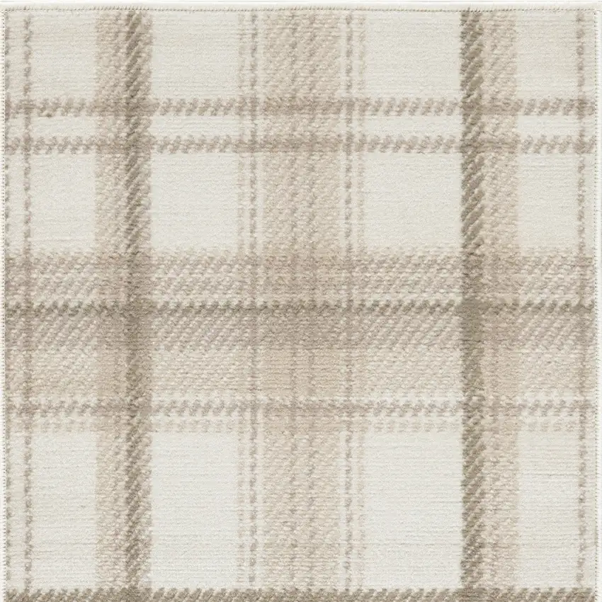 Beige and Ivory Plaid Power Loom Area Rug Photo 4