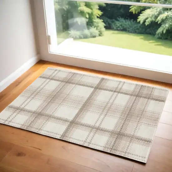 Beige and Ivory Plaid Power Loom Area Rug Photo 1