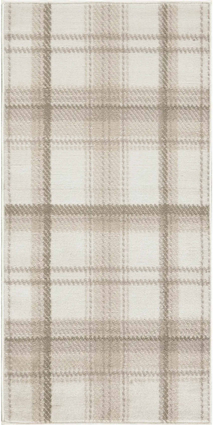 Beige and Ivory Plaid Power Loom Area Rug Photo 5