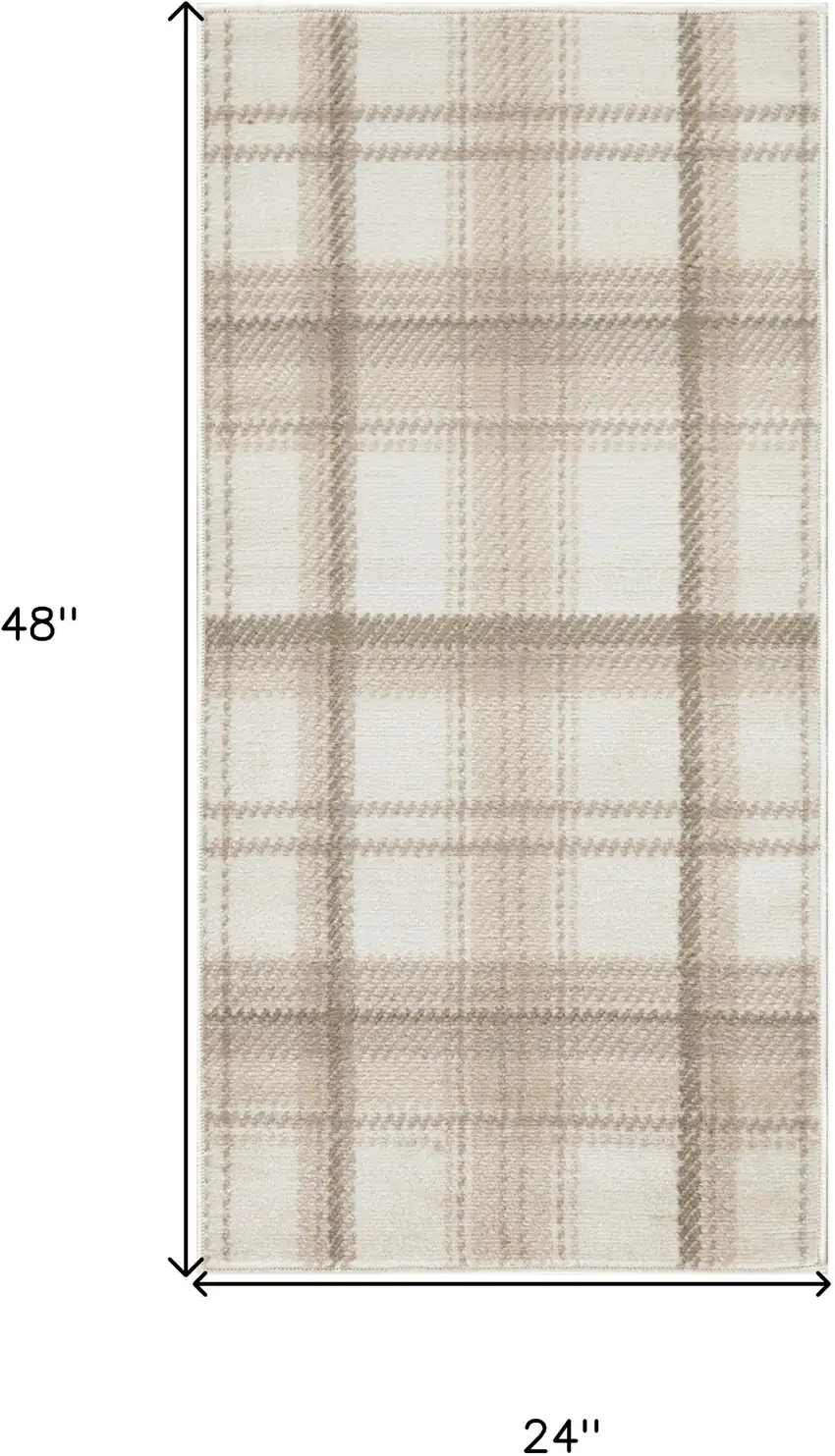 Beige and Ivory Plaid Power Loom Area Rug Photo 3