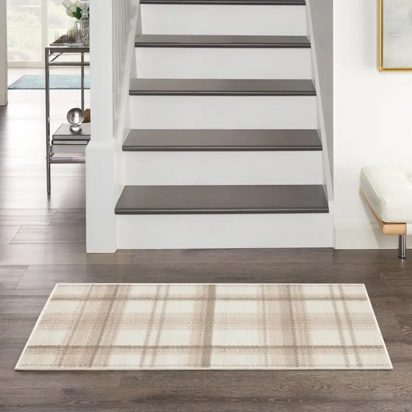 Beige and Ivory Plaid Power Loom Area Rug Photo 4