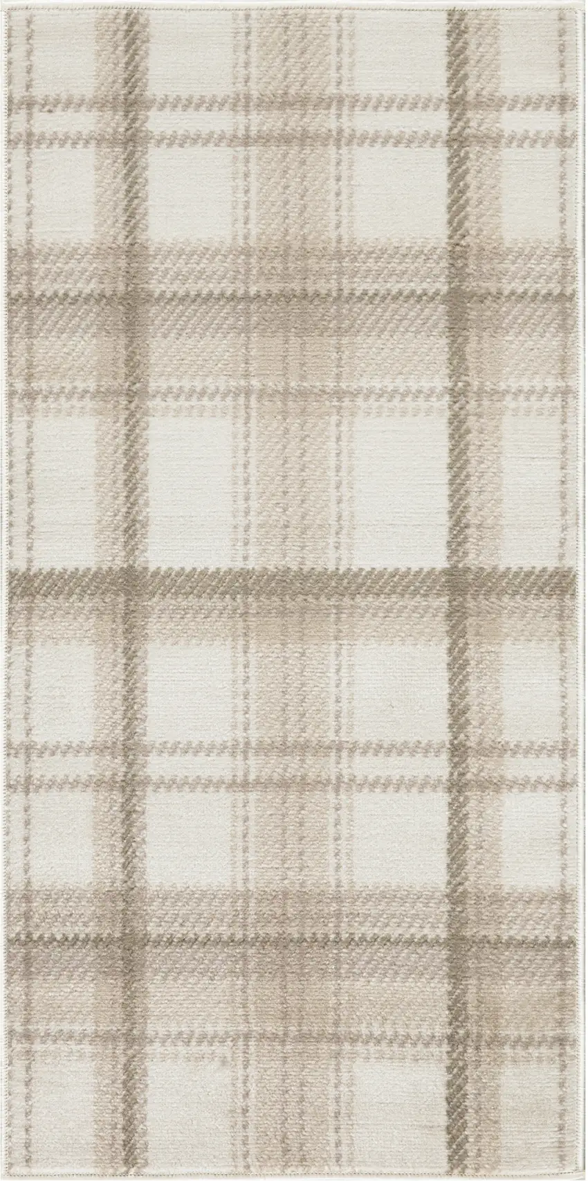 Beige and Ivory Plaid Power Loom Area Rug Photo 2