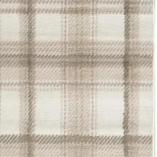 Beige and Ivory Plaid Power Loom Runner Rug Photo 4