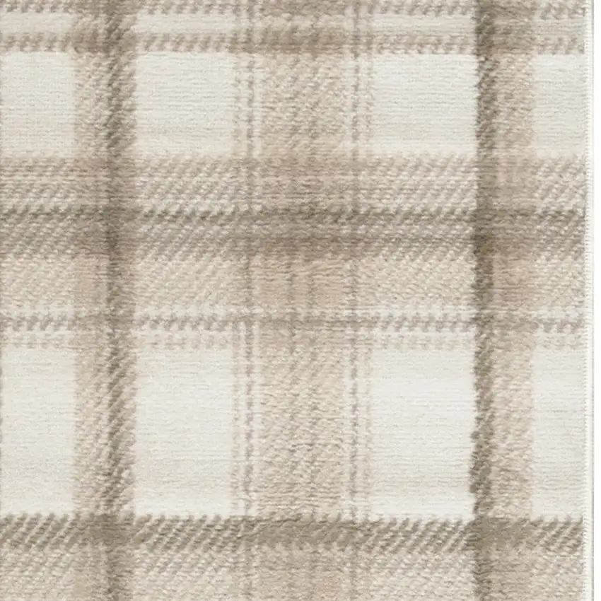 Beige and Ivory Plaid Power Loom Runner Rug Photo 4