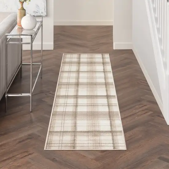 8' Beige And Ivory Plaid Runner Rug Photo 5