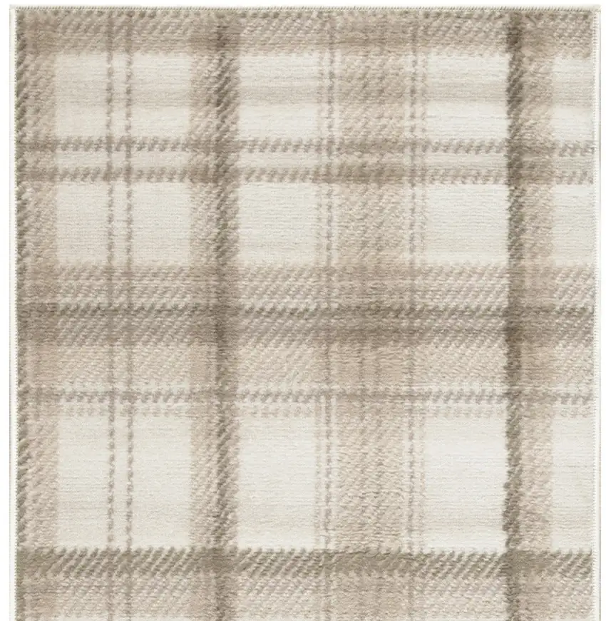 Beige and Ivory Plaid Power Loom Runner Rug Photo 5