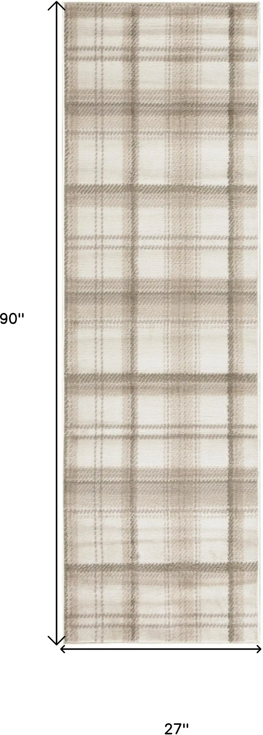 Beige and Ivory Plaid Power Loom Runner Rug Photo 3