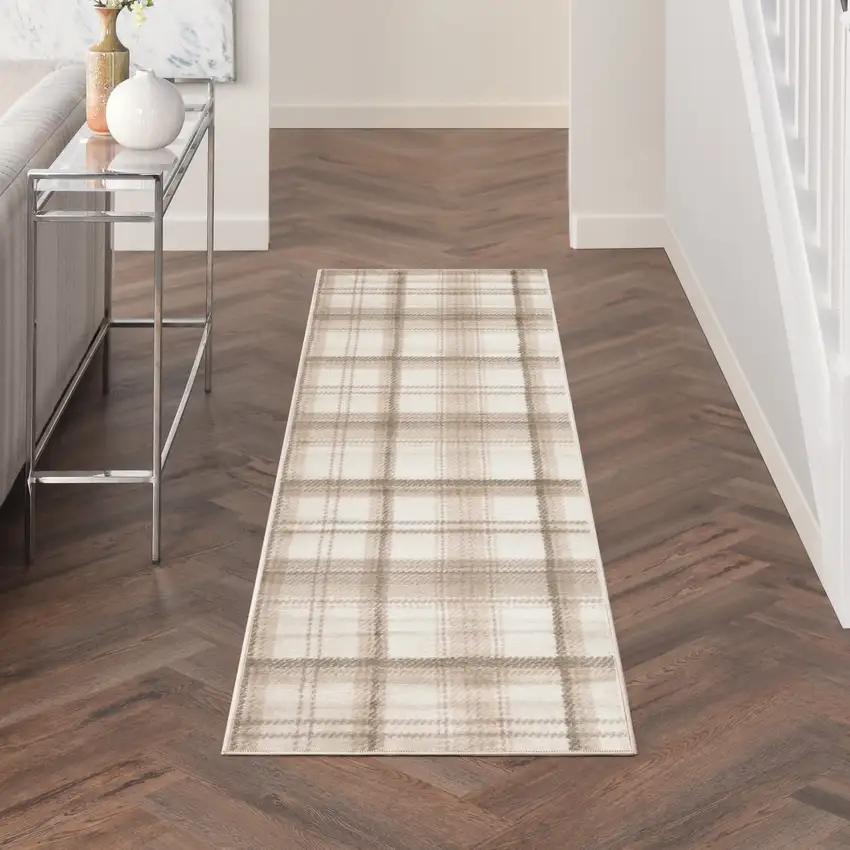 Beige and Ivory Plaid Power Loom Runner Rug Photo 8